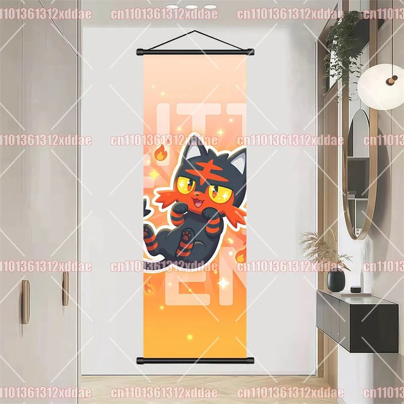 Pokemon Scroll Painting Dragonite Incineroar Litten Totodile Pikachu Anime HD Poster Whole House Wall Decoration Children's Gift