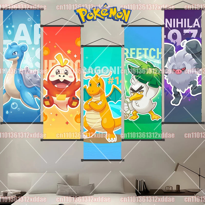 Pokemon Scroll Painting Dragonite Incineroar Litten Totodile Pikachu Anime HD Poster Whole House Wall Decoration Children's Gift