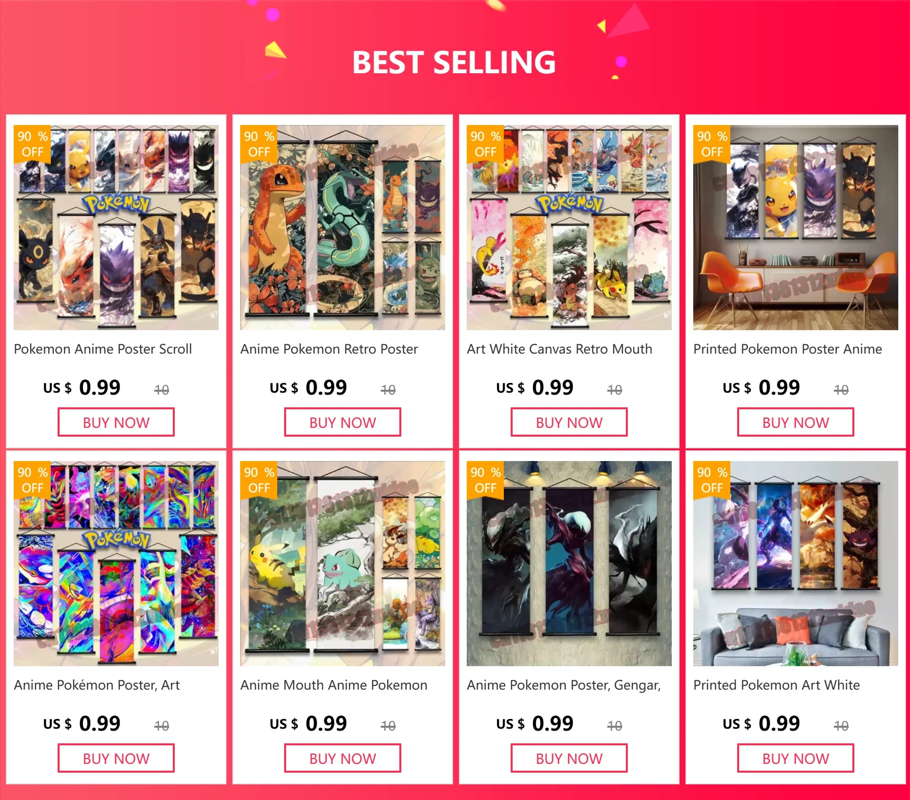 Anime Pokemon Retro Poster Scroll Painting Art White Canvas Painting, Squirtle, Pikachu, Bulbasaur, Eevee, Decorative Painting