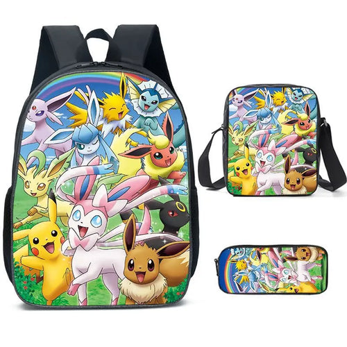 3-Piece Set Pokemon Cartoon School Bags for Boys Girls School Backpack Light Weight Durable Backpack Crossbody Bag Pencil Case.