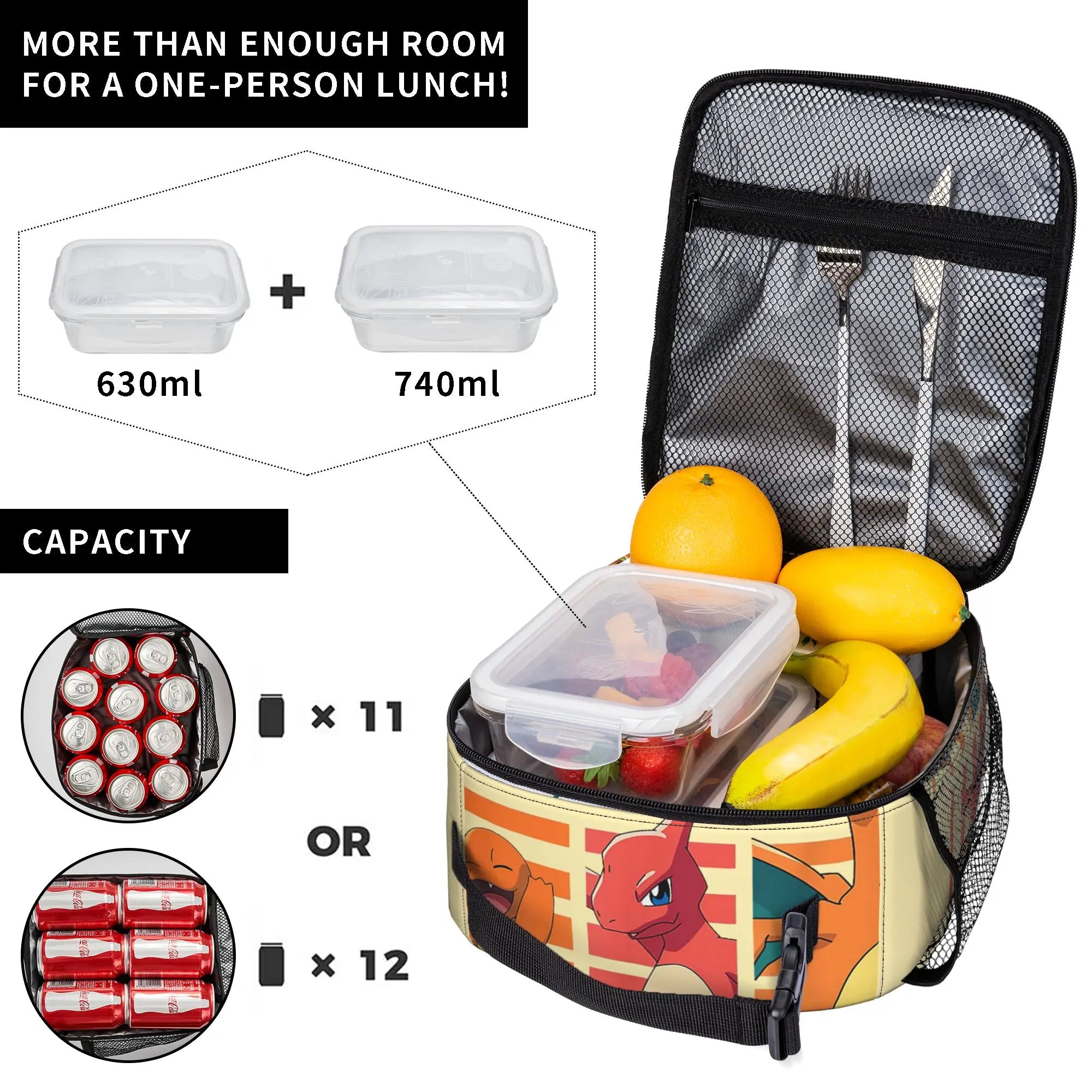 Pokemon Charmander Evolutions Insulated Lunch Bags Cooler Bag Lunch Container  Portable Tote Lunch Box Food Storage Bags School.
