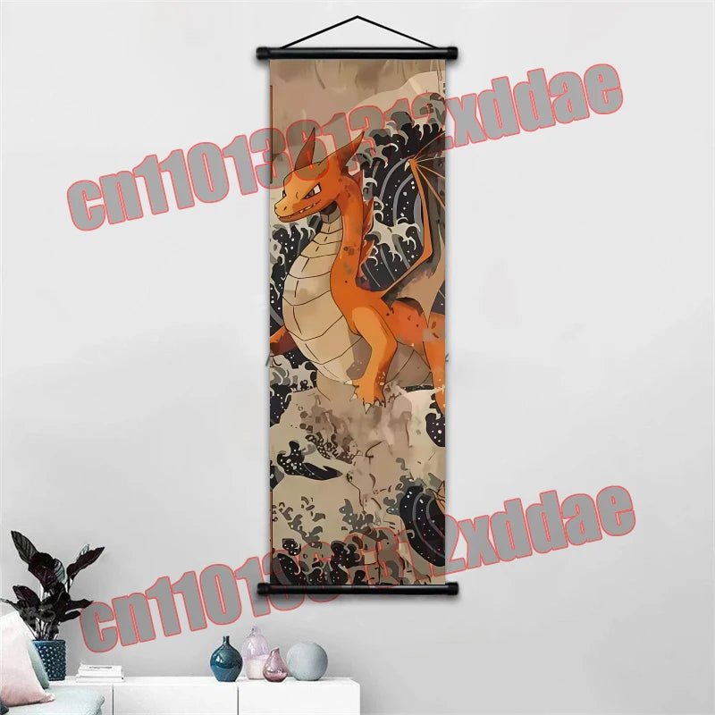 Anime Pokemon Retro Poster Scroll Painting Art White Canvas Painting, Squirtle, Pikachu, Bulbasaur, Eevee, Decorative Painting