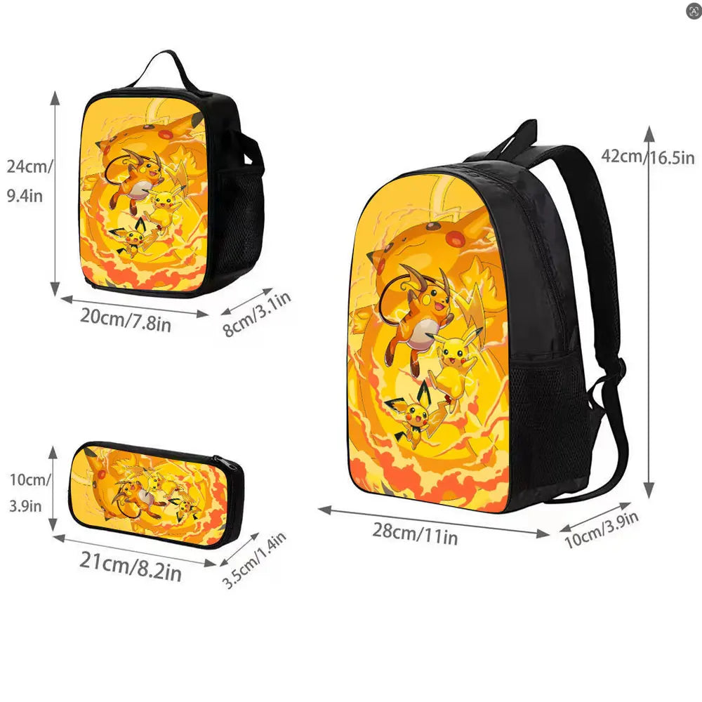 Kids Bag, Pokemon Anime, 3pcs Backpack Set Classic Monsters Pikachu Raichu Pichu Cute Colorful Print Waterproof Student Scho.