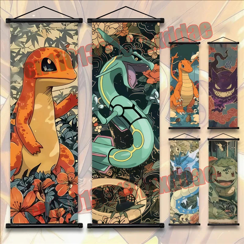 Anime Pokemon Retro Poster Scroll Painting Art White Canvas Painting, Squirtle, Pikachu, Bulbasaur, Eevee, Decorative Painting