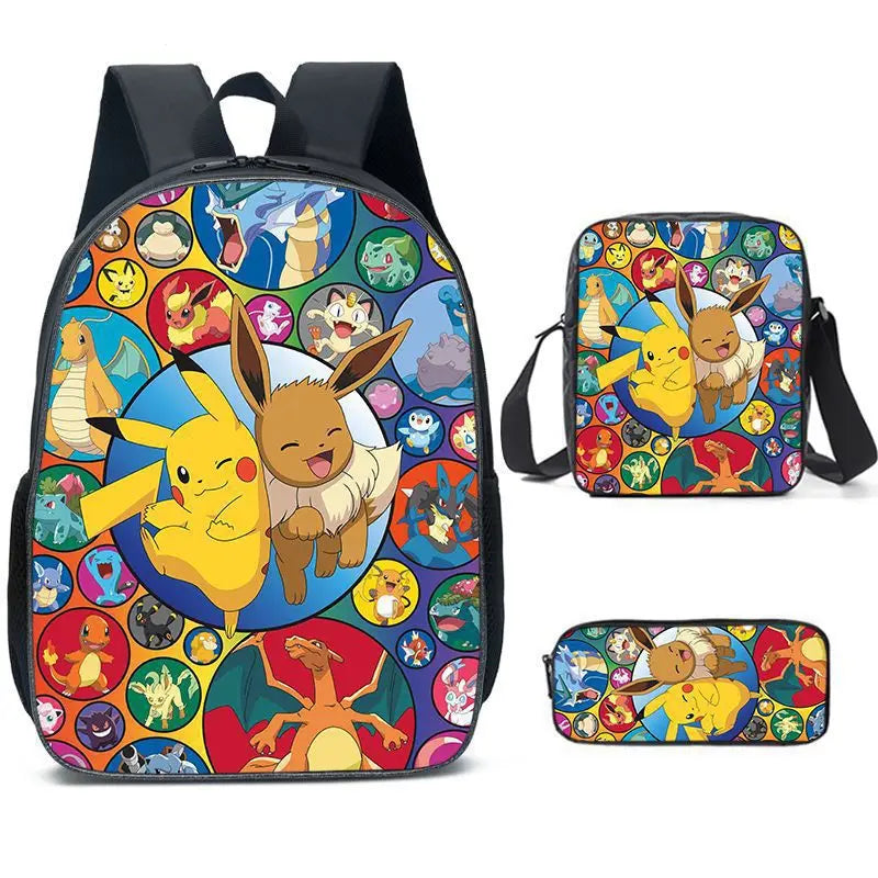 3-Piece Set Pokemon Cartoon School Bags for Boys Girls School Backpack Light Weight Durable Backpack Crossbody Bag Pencil Case.