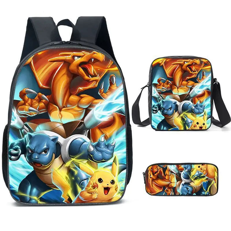 3-Piece Set Pokemon Cartoon School Bags for Boys Girls School Backpack Light Weight Durable Backpack Crossbody Bag Pencil Case.