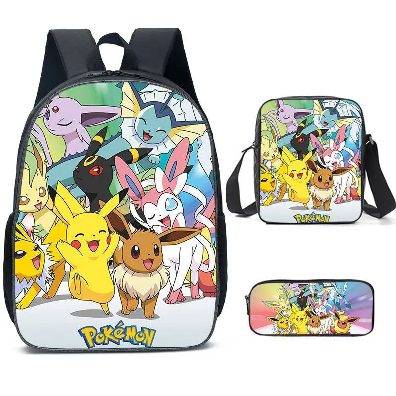 3-Piece Set Pokemon Cartoon School Bags for Boys Girls School Backpack Light Weight Durable Backpack Crossbody Bag Pencil Case.
