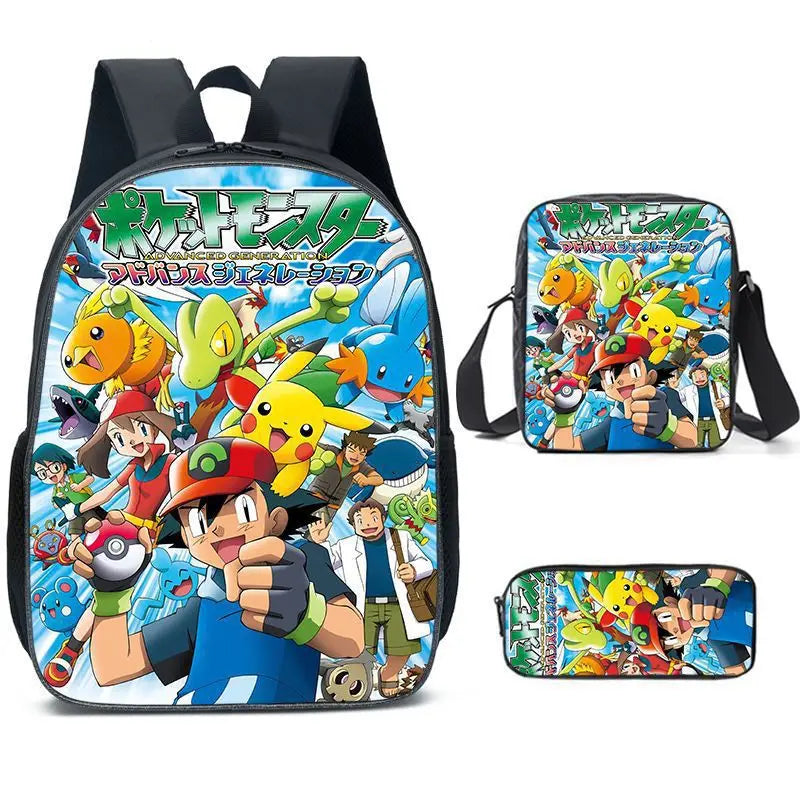 3-Piece Set Pokemon Cartoon School Bags for Boys Girls School Backpack Light Weight Durable Backpack Crossbody Bag Pencil Case.