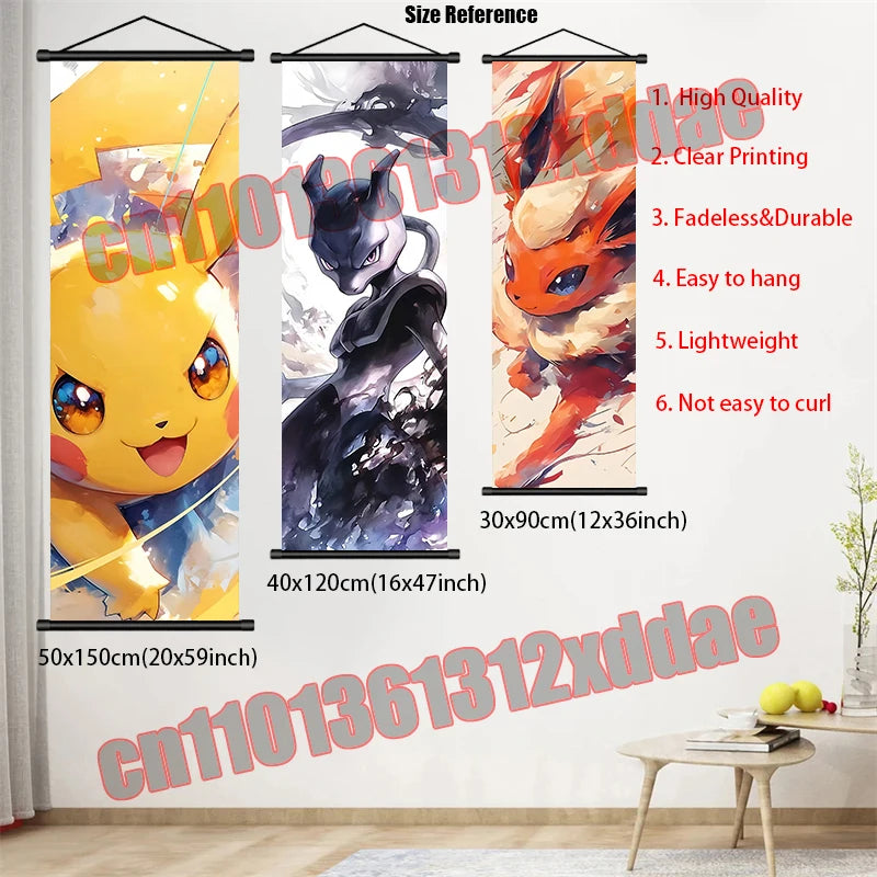 Anime Pokemon Retro Poster Scroll Painting Art White Canvas Painting, Squirtle, Pikachu, Bulbasaur, Eevee, Decorative Painting