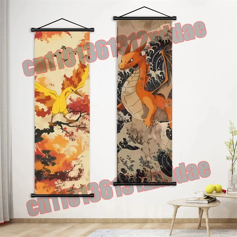 Anime Pokemon Retro Poster Scroll Painting Art White Canvas Painting, Squirtle, Pikachu, Bulbasaur, Eevee, Decorative Painting