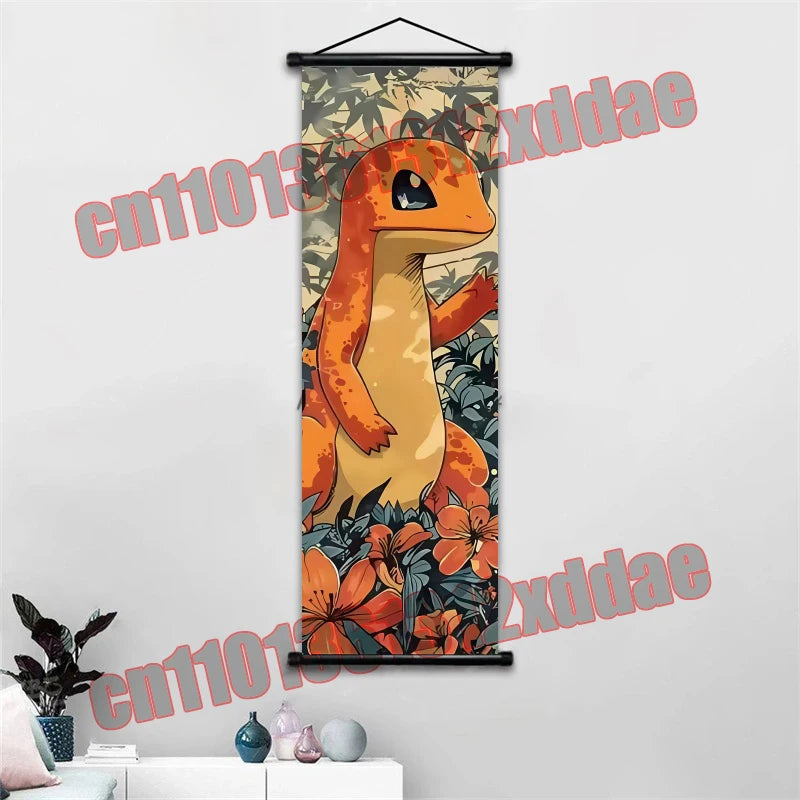 Anime Pokemon Retro Poster Scroll Painting Art White Canvas Painting, Squirtle, Pikachu, Bulbasaur, Eevee, Decorative Painting