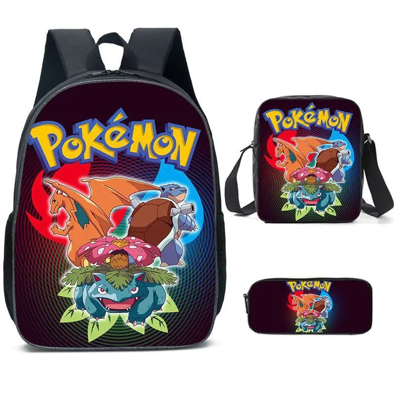 3-Piece Set Pokemon Cartoon School Bags for Boys Girls School Backpack Light Weight Durable Backpack Crossbody Bag Pencil Case.