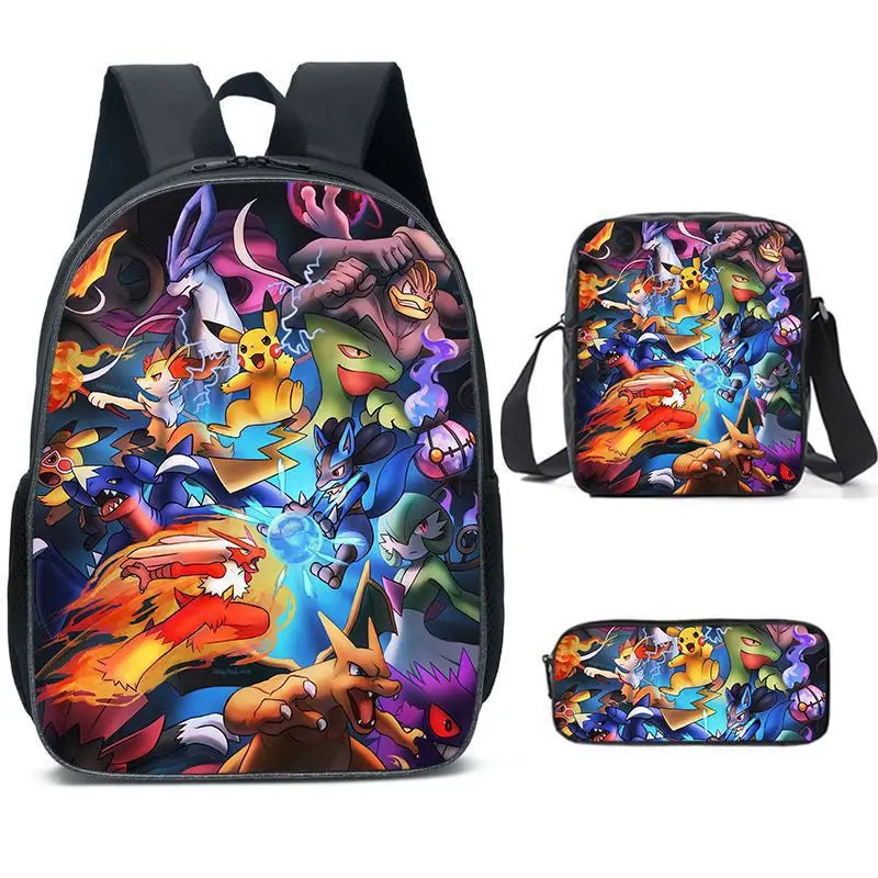 3-Piece Set Pokemon Cartoon School Bags for Boys Girls School Backpack Light Weight Durable Backpack Crossbody Bag Pencil Case.