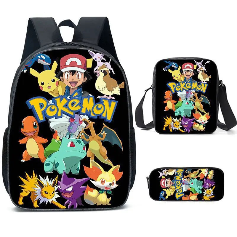 3-Piece Set Pokemon Cartoon School Bags for Boys Girls School Backpack Light Weight Durable Backpack Crossbody Bag Pencil Case.
