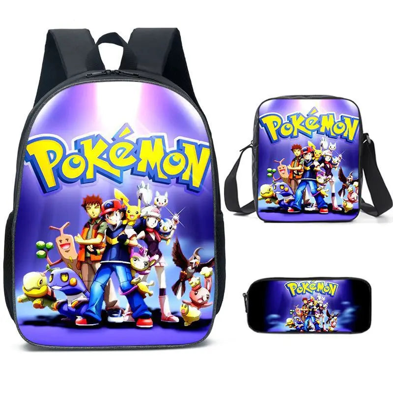 3-Piece Set Pokemon Cartoon School Bags for Boys Girls School Backpack Light Weight Durable Backpack Crossbody Bag Pencil Case.