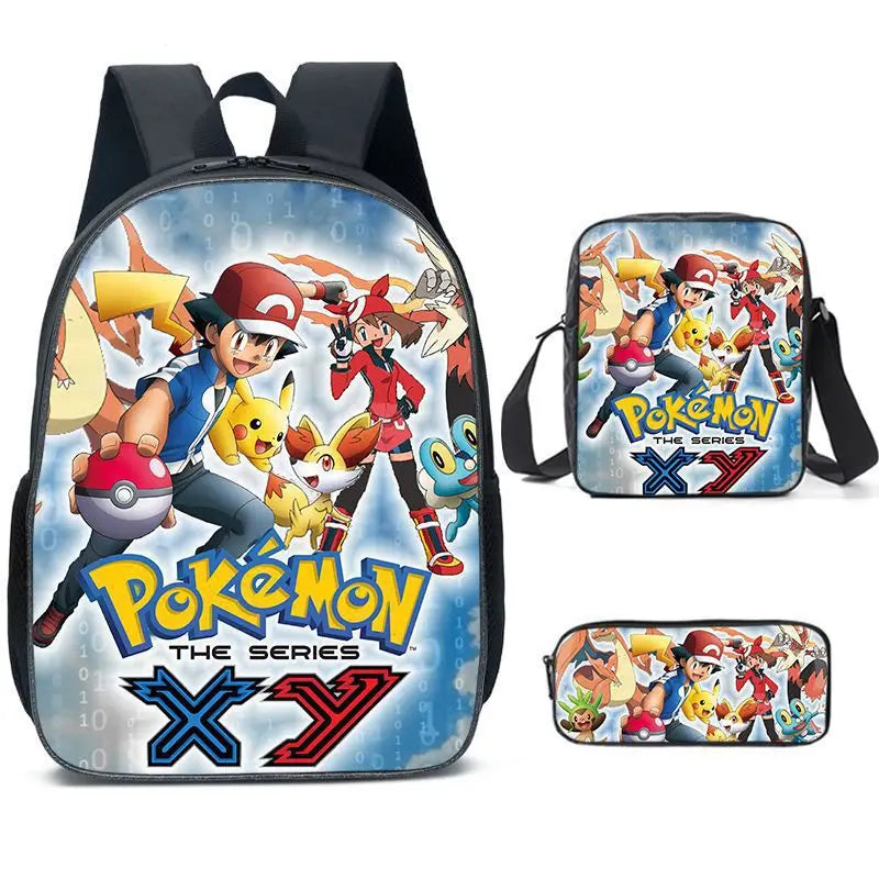 3-Piece Set Pokemon Cartoon School Bags for Boys Girls School Backpack Light Weight Durable Backpack Crossbody Bag Pencil Case.