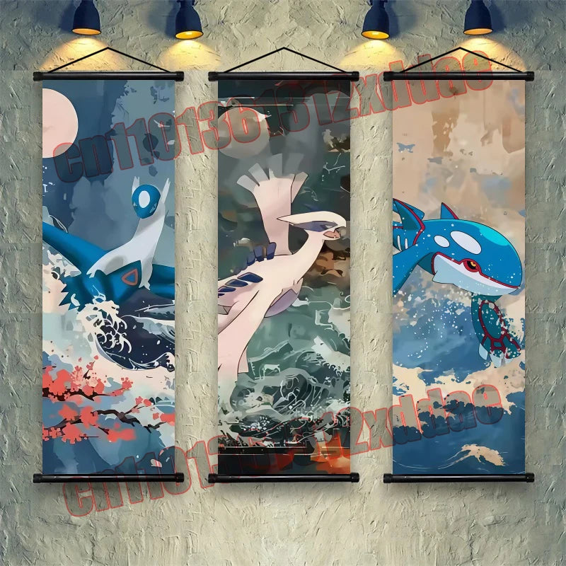 Anime Pokemon Retro Poster Scroll Painting Art White Canvas Painting, Squirtle, Pikachu, Bulbasaur, Eevee, Decorative Painting