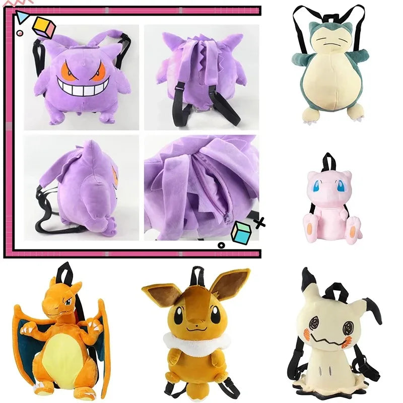 Pokemon Cute Backpack Kawaii Japanese Style Plush Bag Genger Mimikyu Eevee Snorlax Backpack Schoolbag Cosplay Props Fashion Gift.