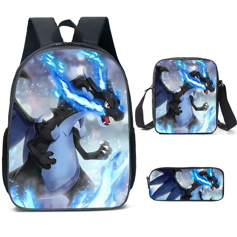 3-Piece Set Pokemon Cartoon School Bags for Boys Girls School Backpack Light Weight Durable Backpack Crossbody Bag Pencil Case.