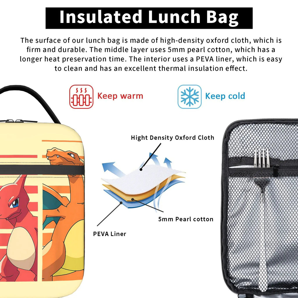 Pokemon Charmander Evolutions Insulated Lunch Bags Cooler Bag Lunch Container  Portable Tote Lunch Box Food Storage Bags School.