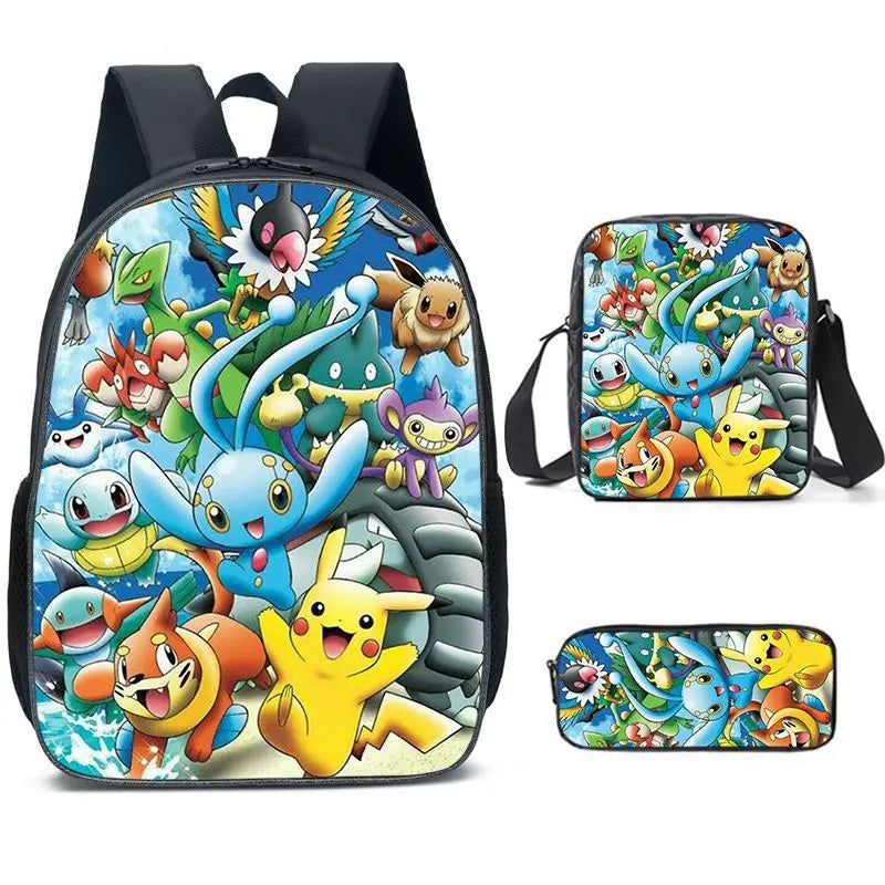 3-Piece Set Pokemon Cartoon School Bags for Boys Girls School Backpack Light Weight Durable Backpack Crossbody Bag Pencil Case.