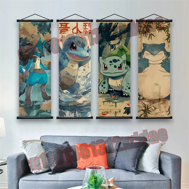 Anime Pokemon Retro Poster Scroll Painting Art White Canvas Painting, Squirtle, Pikachu, Bulbasaur, Eevee, Decorative Painting