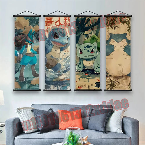 Anime Pokemon Retro Poster Scroll Painting Art White Canvas Painting, Squirtle, Pikachu, Bulbasaur, Eevee, Decorative Painting