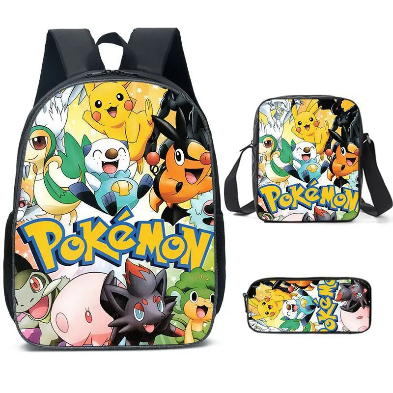 3-Piece Set Pokemon Cartoon School Bags for Boys Girls School Backpack Light Weight Durable Backpack Crossbody Bag Pencil Case.
