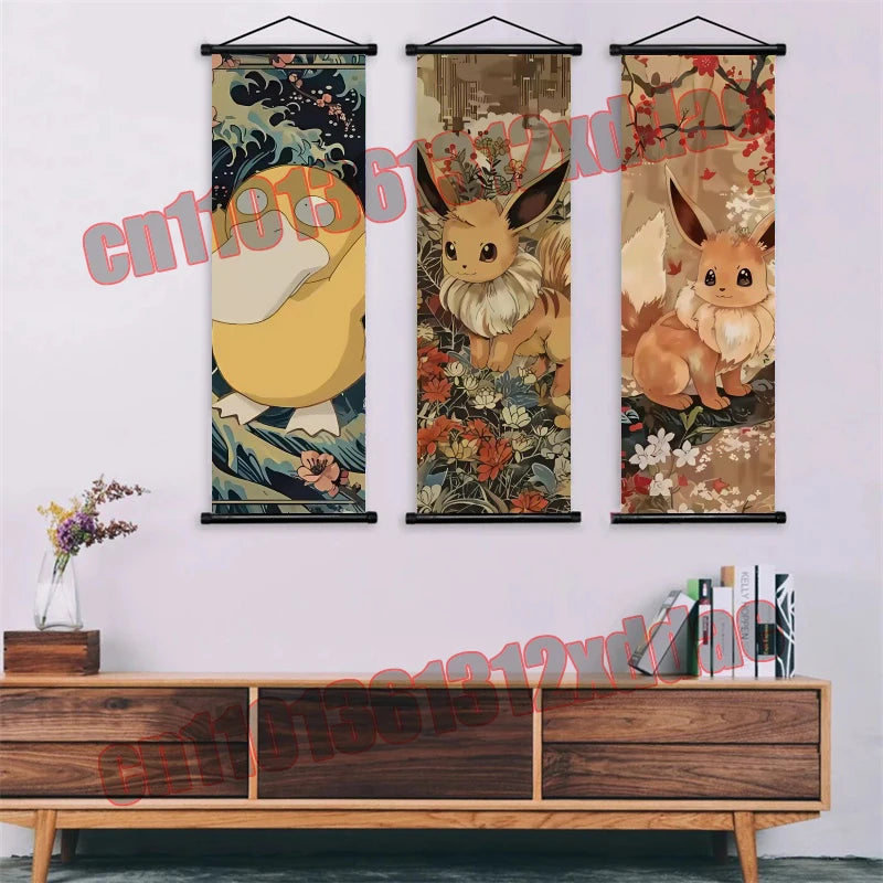Anime Pokemon Retro Poster Scroll Painting Art White Canvas Painting, Squirtle, Pikachu, Bulbasaur, Eevee, Decorative Painting