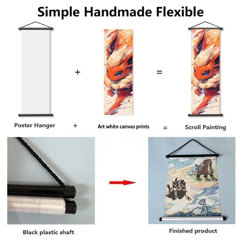 Anime Pokemon Retro Poster Scroll Painting Art White Canvas Painting, Squirtle, Pikachu, Bulbasaur, Eevee, Decorative Painting