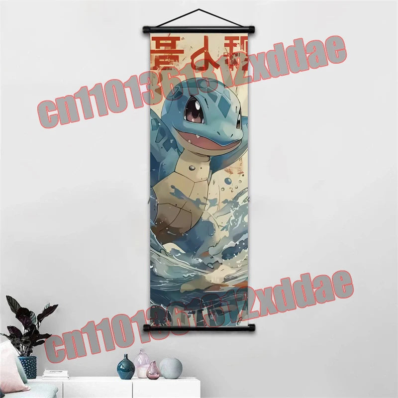 Anime Pokemon Retro Poster Scroll Painting Art White Canvas Painting, Squirtle, Pikachu, Bulbasaur, Eevee, Decorative Painting