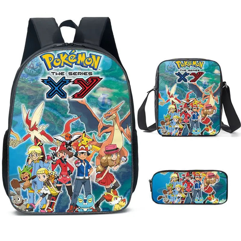 3-Piece Set Pokemon Cartoon School Bags for Boys Girls School Backpack Light Weight Durable Backpack Crossbody Bag Pencil Case.