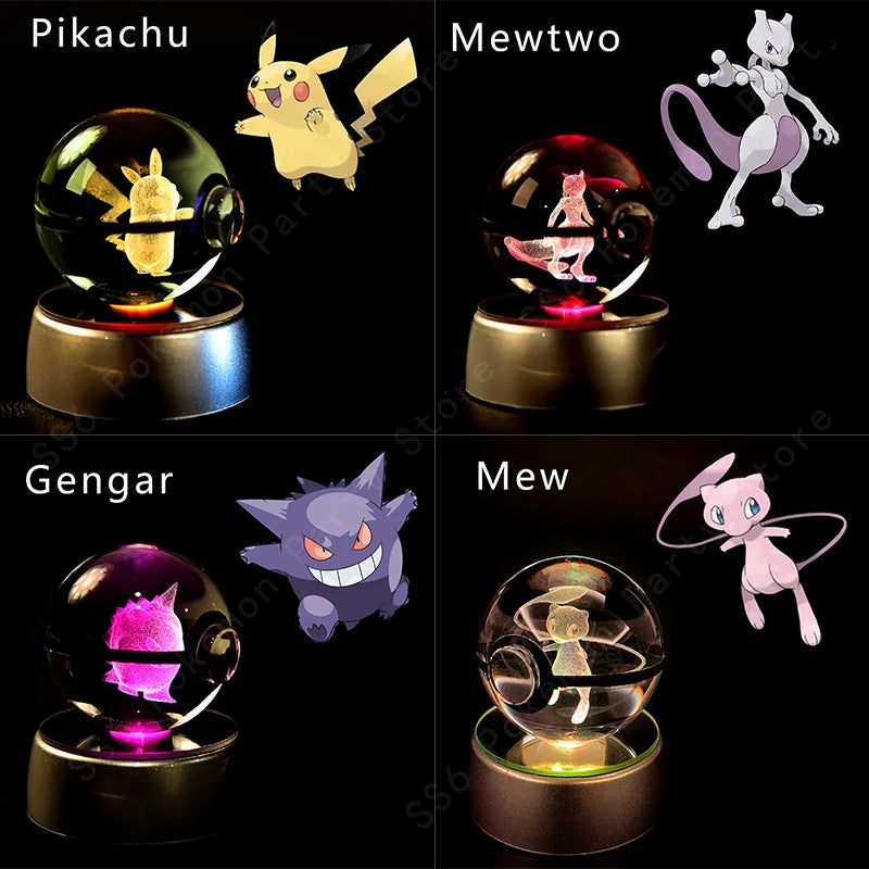 Pokémon 3D Crystal Ball Night Light – Pikachu, Gengar, Mewtwo & More ✨
