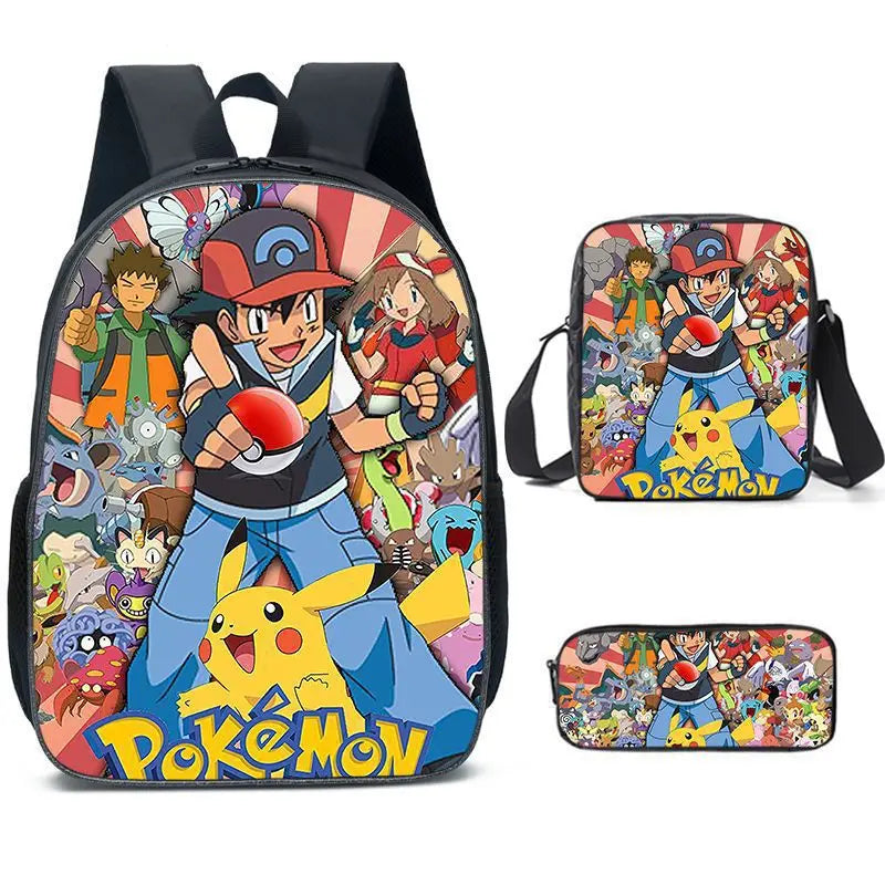 3-Piece Set Pokemon Cartoon School Bags for Boys Girls School Backpack Light Weight Durable Backpack Crossbody Bag Pencil Case.