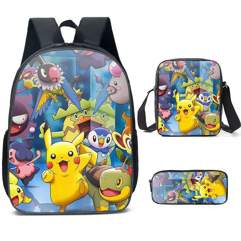 3-Piece Set Pokemon Cartoon School Bags for Boys Girls School Backpack Light Weight Durable Backpack Crossbody Bag Pencil Case.