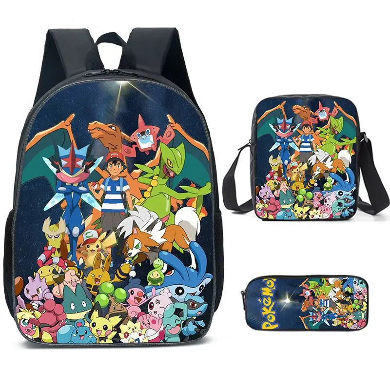 3-Piece Set Pokemon Cartoon School Bags for Boys Girls School Backpack Light Weight Durable Backpack Crossbody Bag Pencil Case.