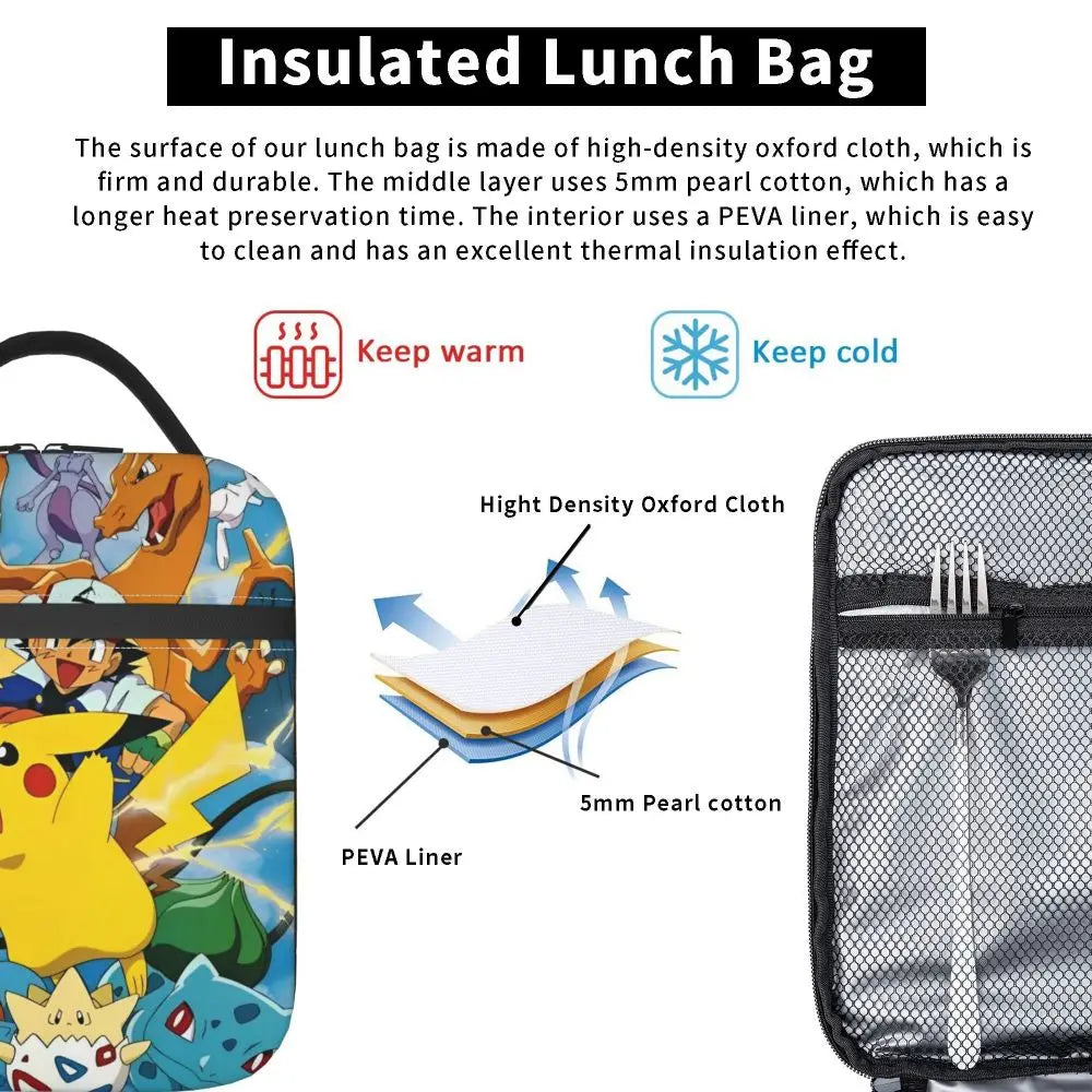 Pokemon Lunch Bag Pikachu Portable Lunch Box Women Picnic Print Cooler Bag Fashion Waterproof Thermal Lunch Bags.