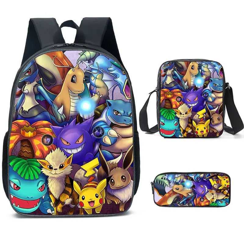 3-Piece Set Pokemon Cartoon School Bags for Boys Girls School Backpack Light Weight Durable Backpack Crossbody Bag Pencil Case.