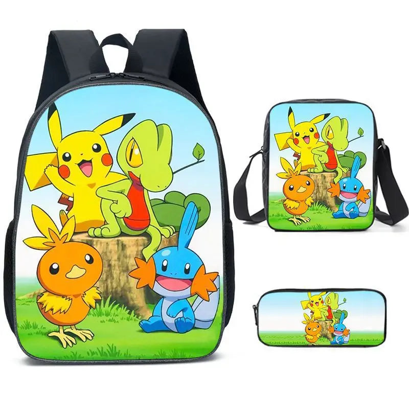 3-Piece Set Pokemon Cartoon School Bags for Boys Girls School Backpack Light Weight Durable Backpack Crossbody Bag Pencil Case.