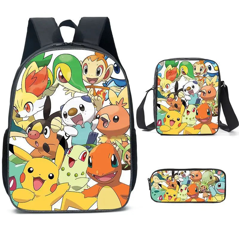 3-Piece Set Pokemon Cartoon School Bags for Boys Girls School Backpack Light Weight Durable Backpack Crossbody Bag Pencil Case.
