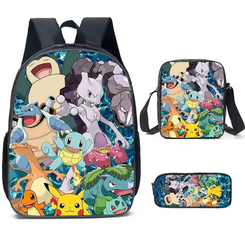 3-Piece Set Pokemon Cartoon School Bags for Boys Girls School Backpack Light Weight Durable Backpack Crossbody Bag Pencil Case.