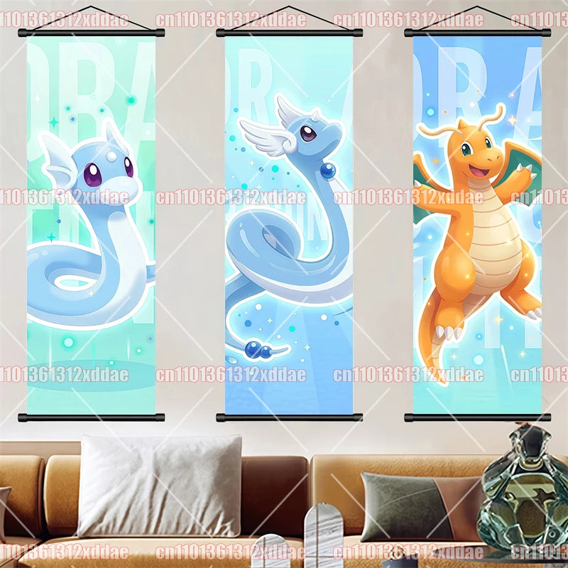 Pokemon Scroll Painting Dragonite Incineroar Litten Totodile Pikachu Anime HD Poster Whole House Wall Decoration Children's Gift
