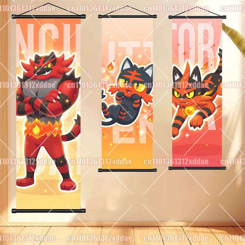 Pokemon Scroll Painting Dragonite Incineroar Litten Totodile Pikachu Anime HD Poster Whole House Wall Decoration Children's Gift