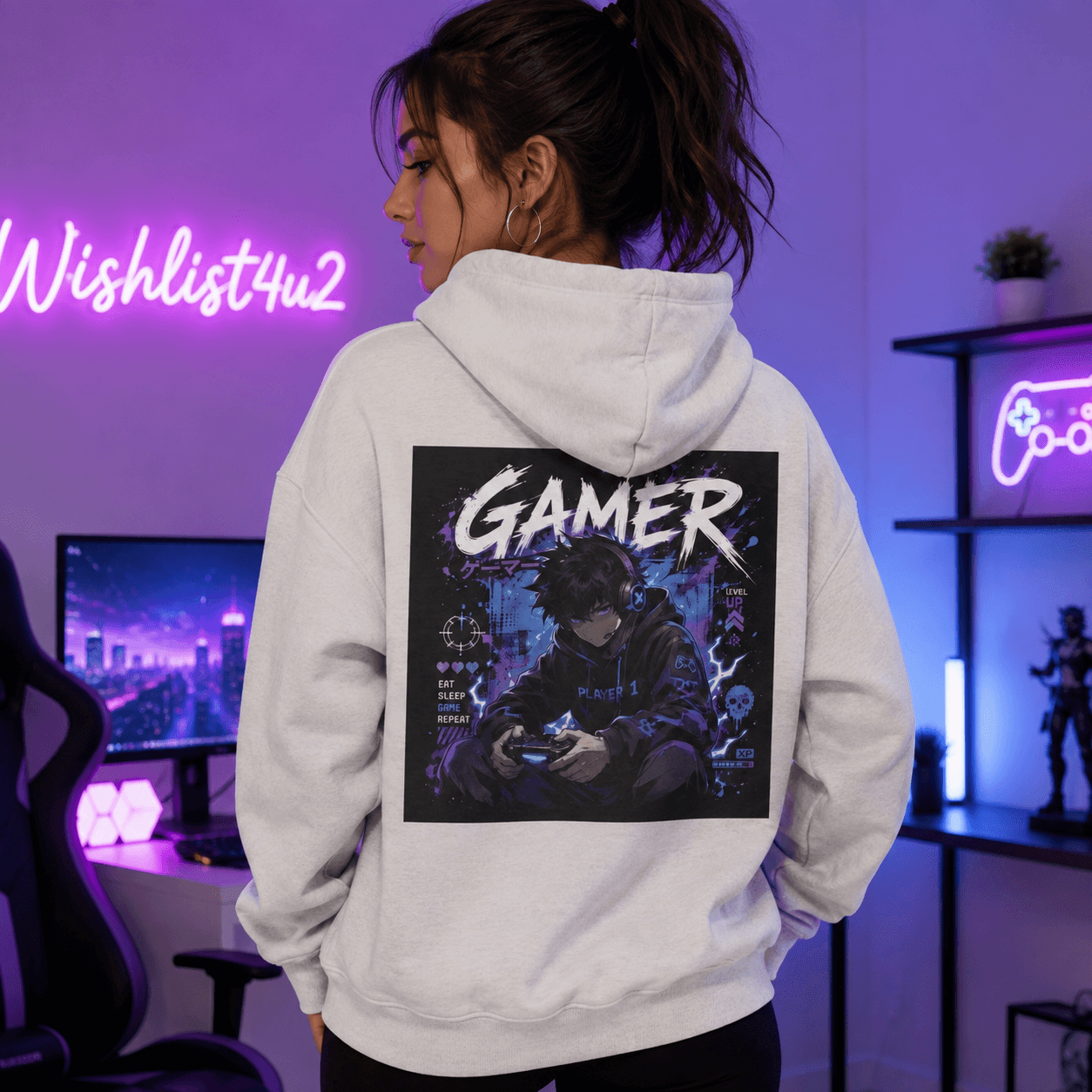 Gamer Graphic Hoodie – Retro Neon Anime Controller Design.