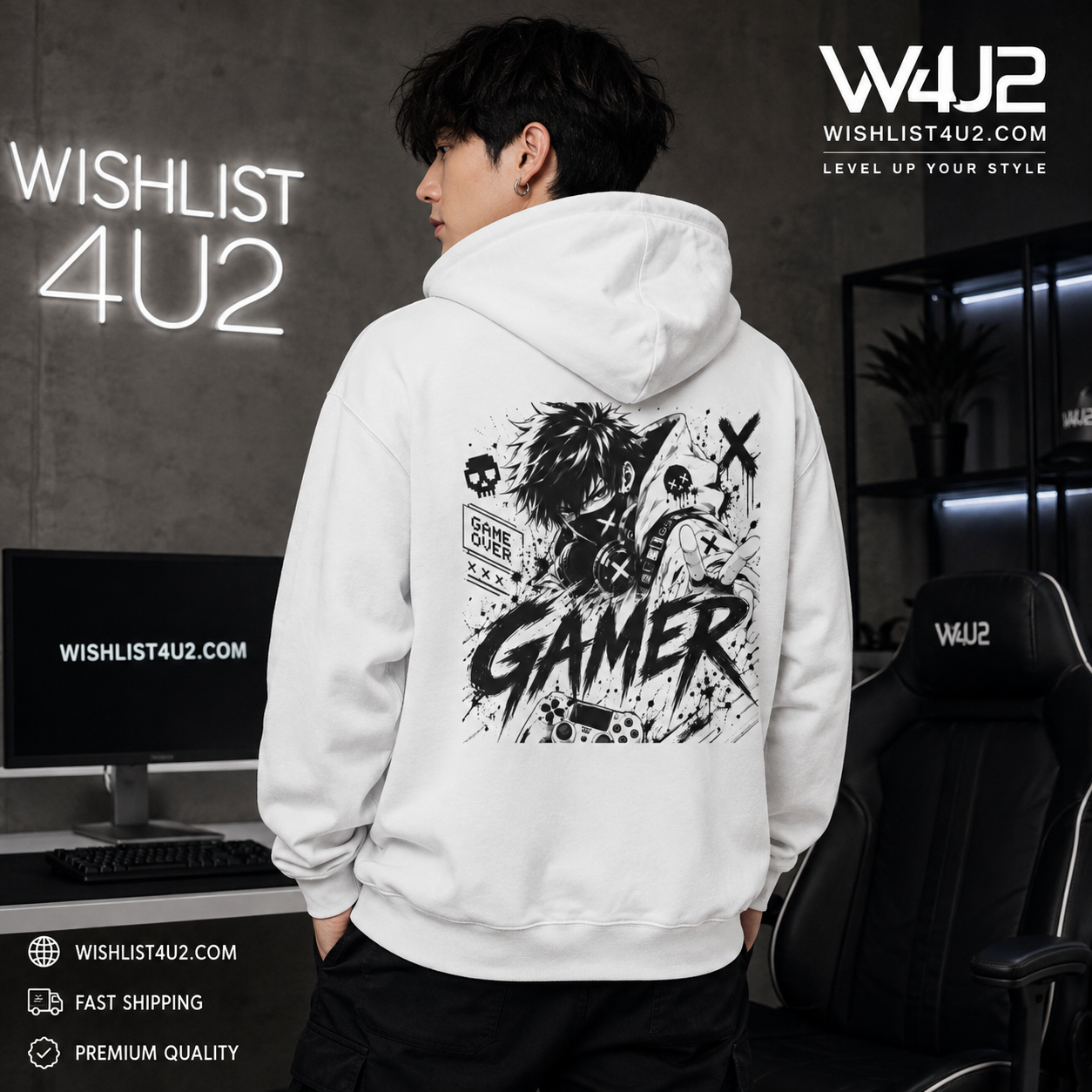 Gamer Graphic Hoodie — Retro Black & White Gaming Art Sweatshirt