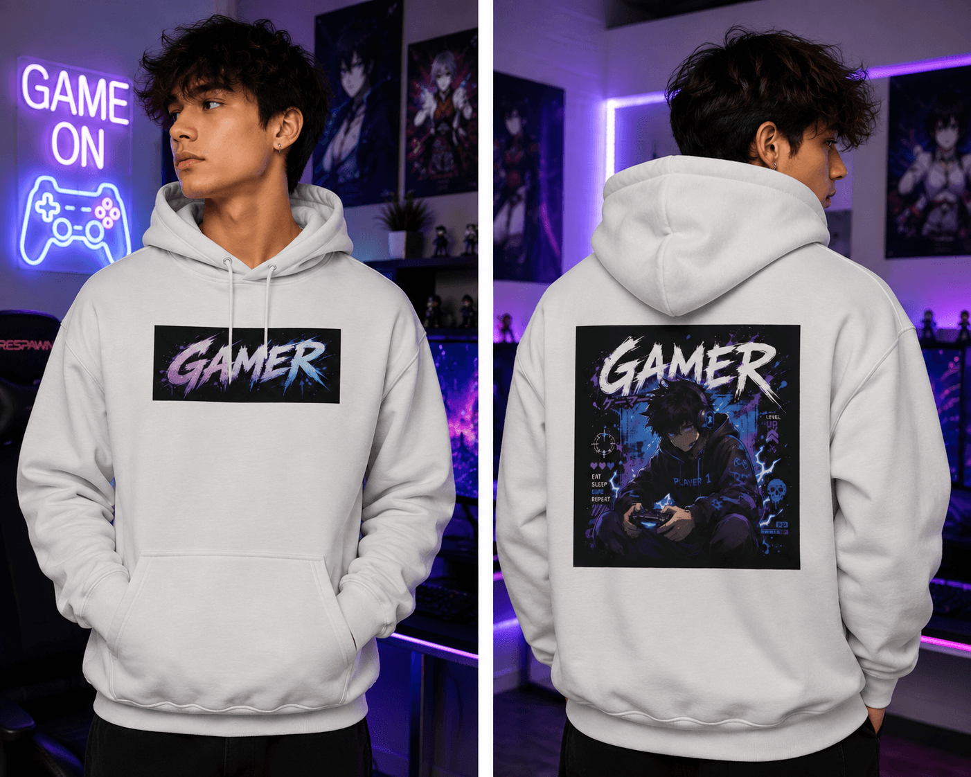 Gamer Graphic Hoodie – Retro Neon Anime Controller Design.