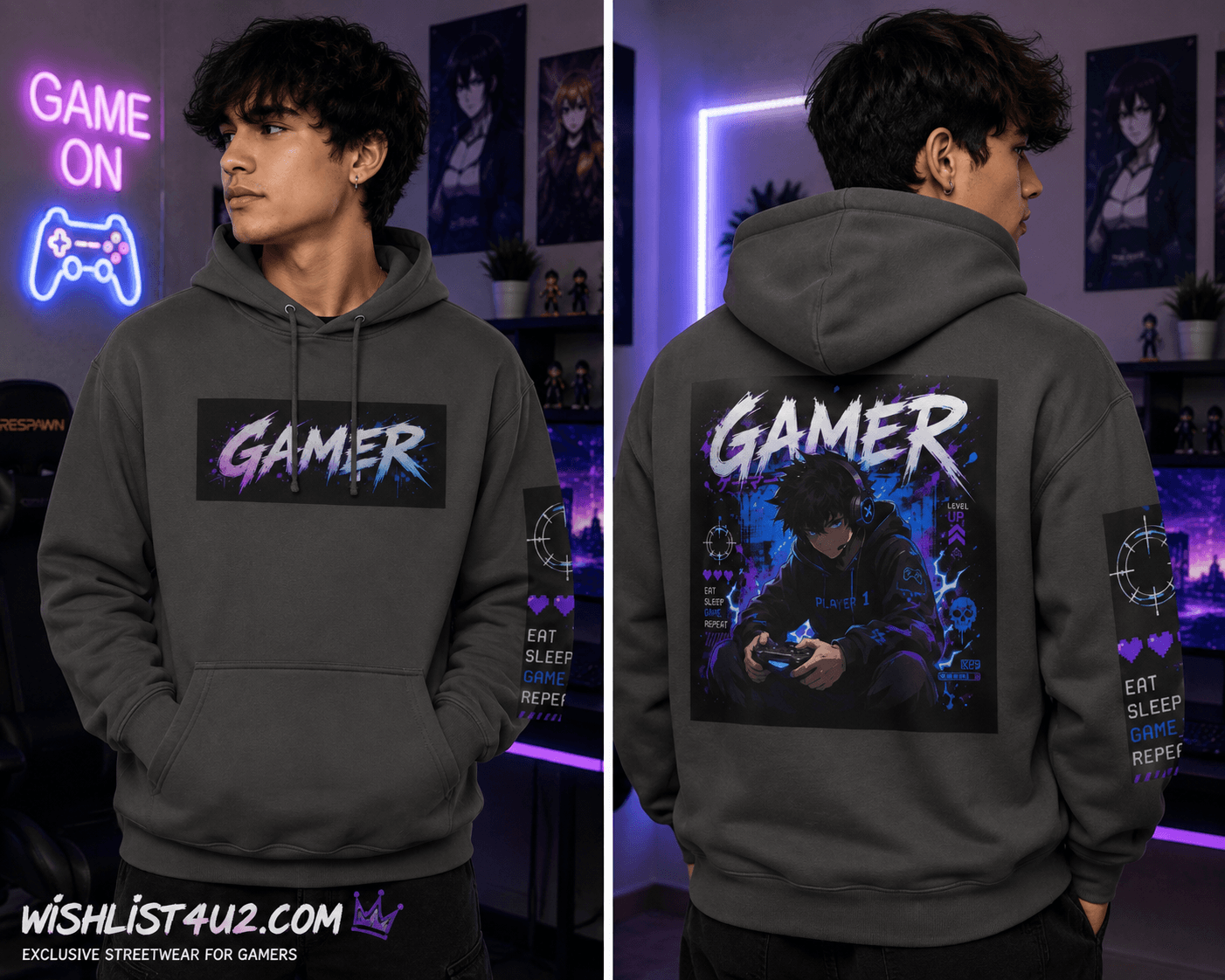 Gamer Hoodie – Neon Anime Controller Back Print.